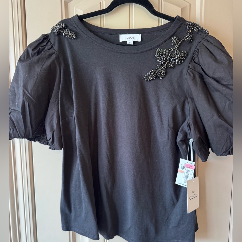 CeCe Black Embellished Short Sleeve Top